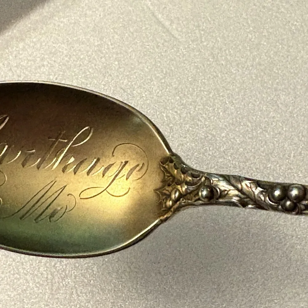 VTG Sterling Silver Spoon Carthage MO Souvenir Gold Wash Holly Leaves Berries